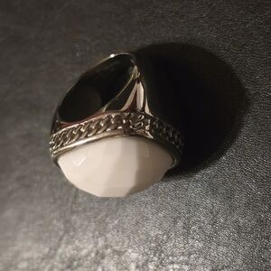 Stainless Steel and White Glass Statement Ring